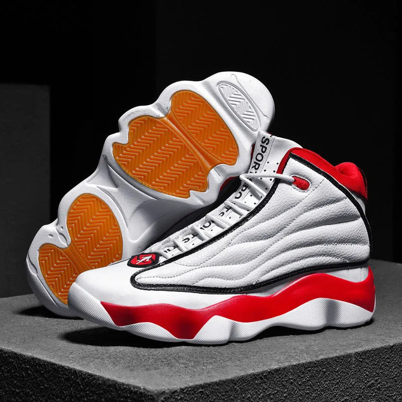 Men's high-top mesh basketball shoes in AJ13 white red colour with thick rubber sole.
