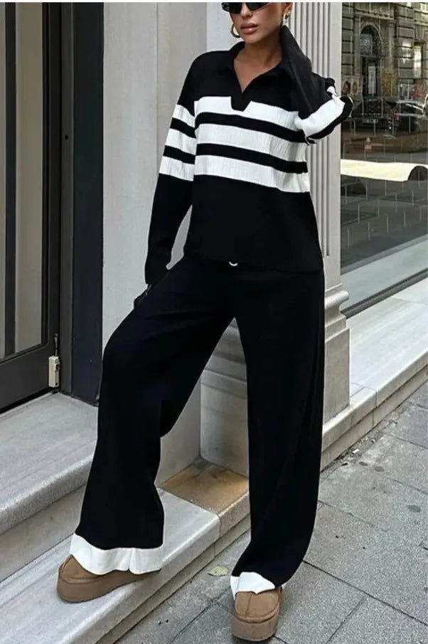 Women's black and white striped knitted polo collar two-piece set with long sleeve top and trousers