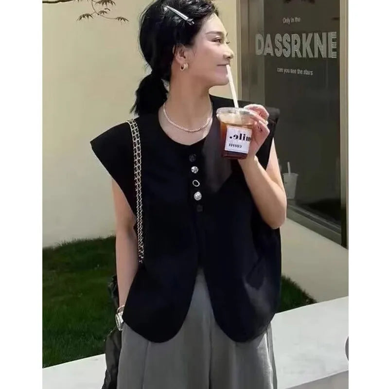 Women's Milky White V-neck polyester vest with side pockets, shown on a model.