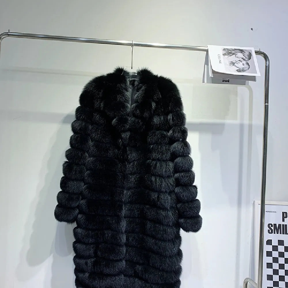 Men's real fur long winter coat in dark black with pockets and regular sleeves
