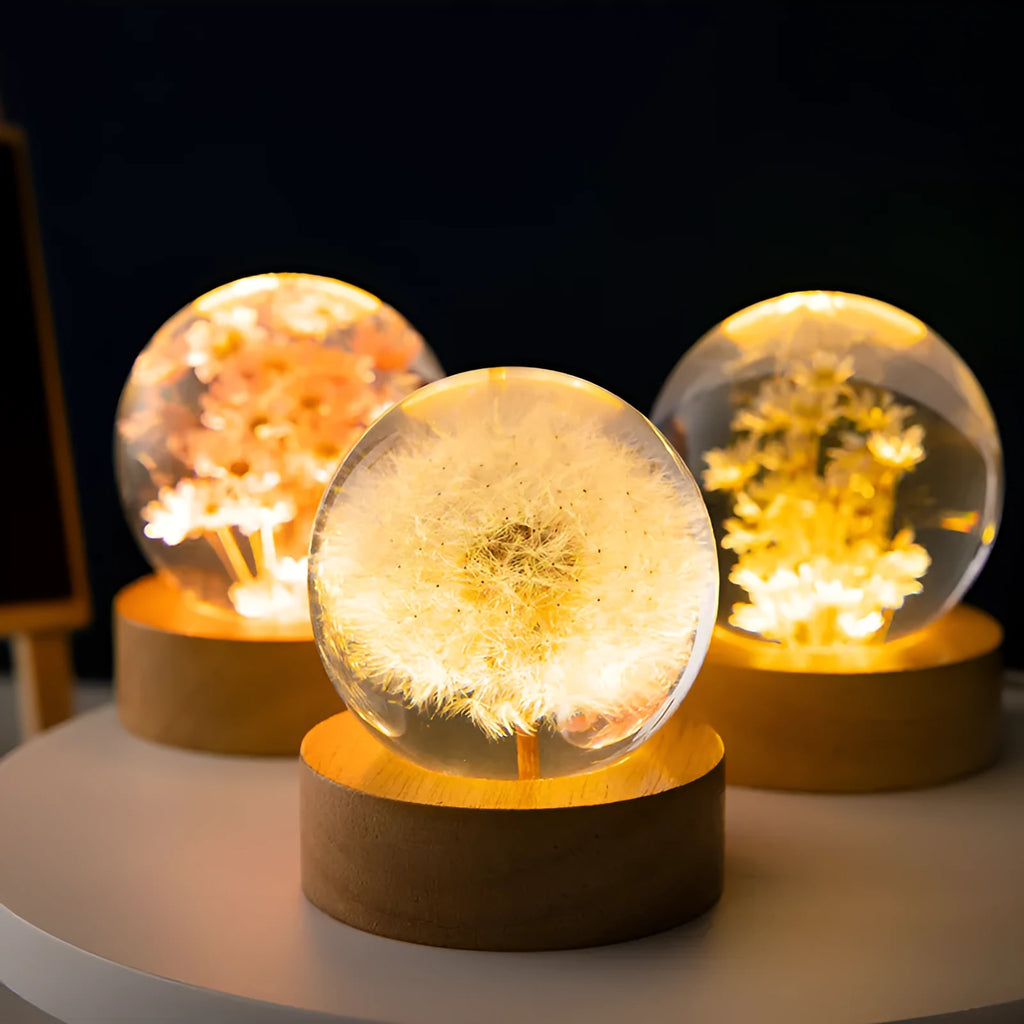 LED dandelion crystal ball night light on beech wood base, 60mm diameter