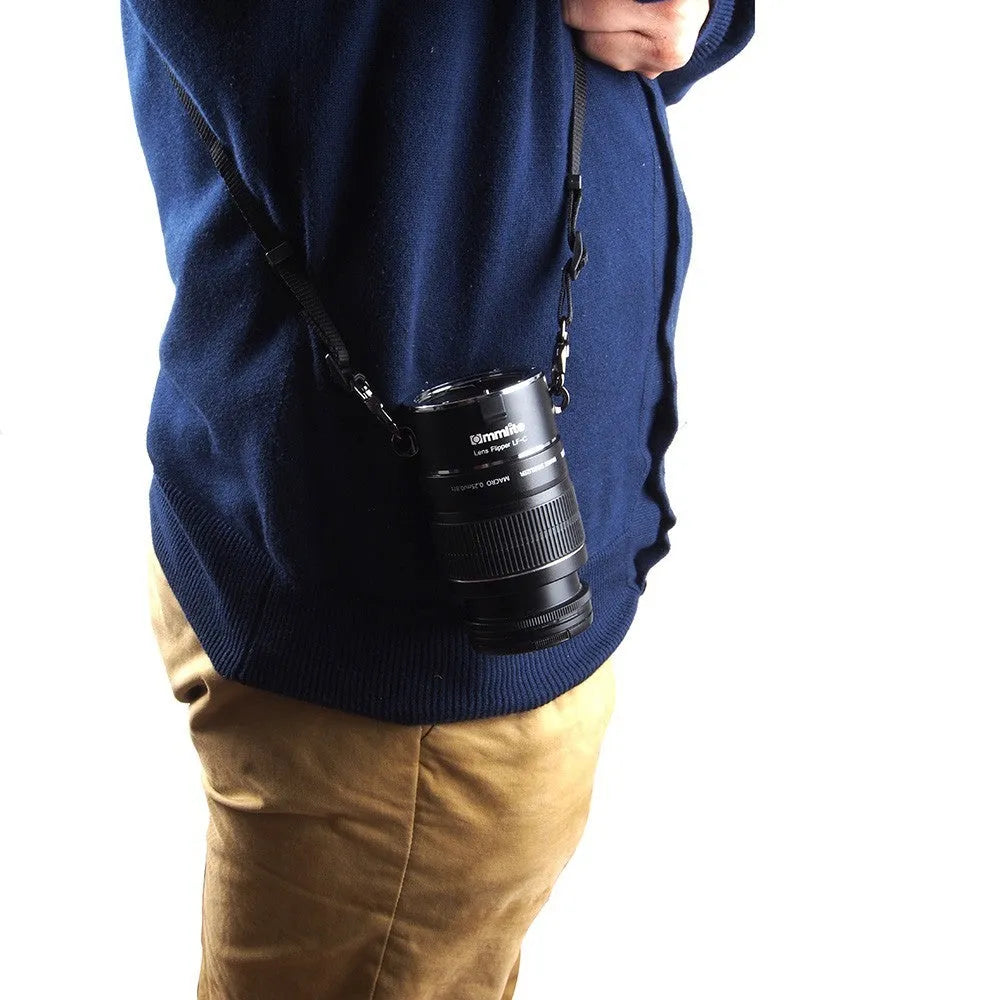 Aluminium alloy camera lens flipper holder with stainless steel buckle and cotton shoulder strap for Nikon, Canon, Sony cameras