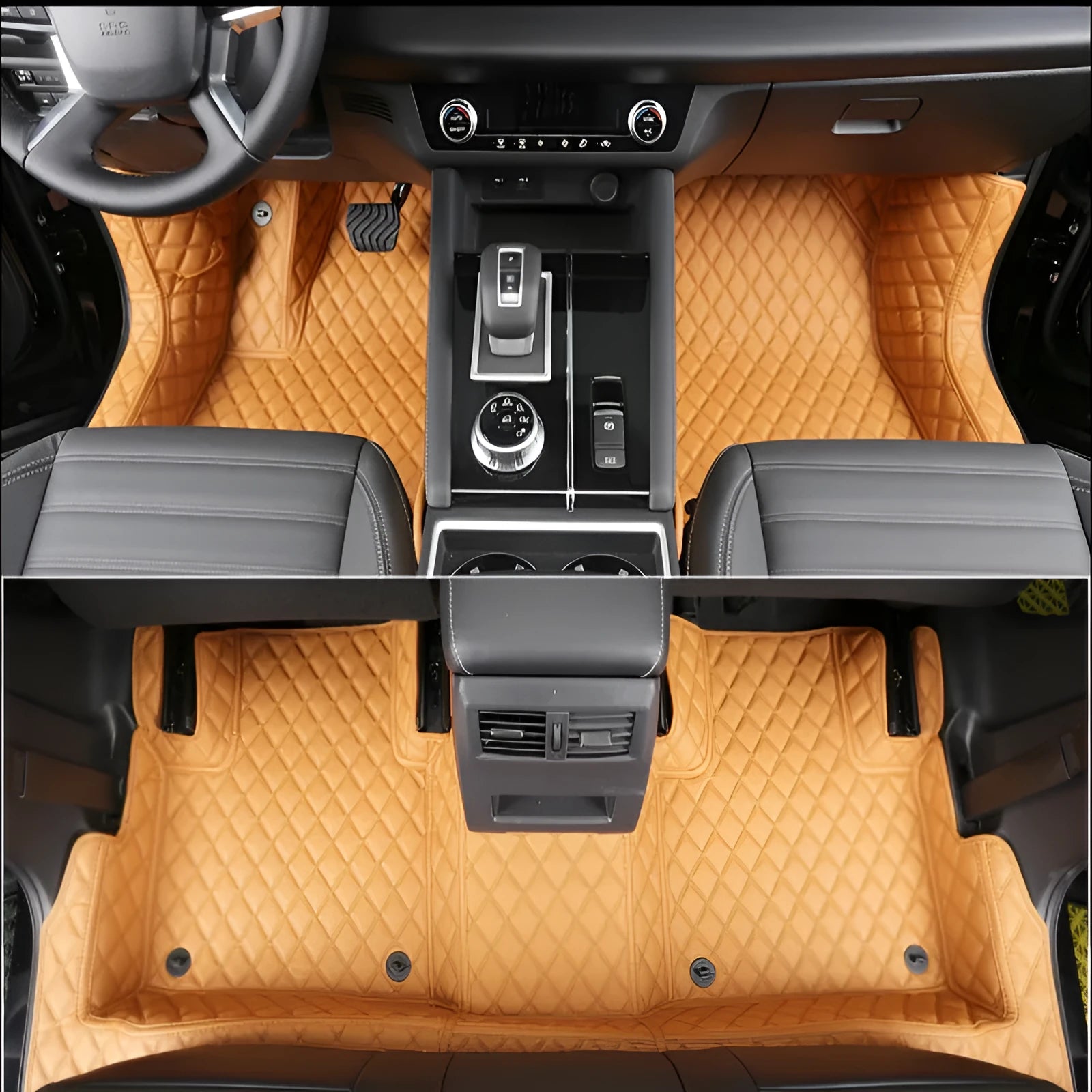 Custom black PU floor mats fitted in a Mitsubishi Outlander footwell.