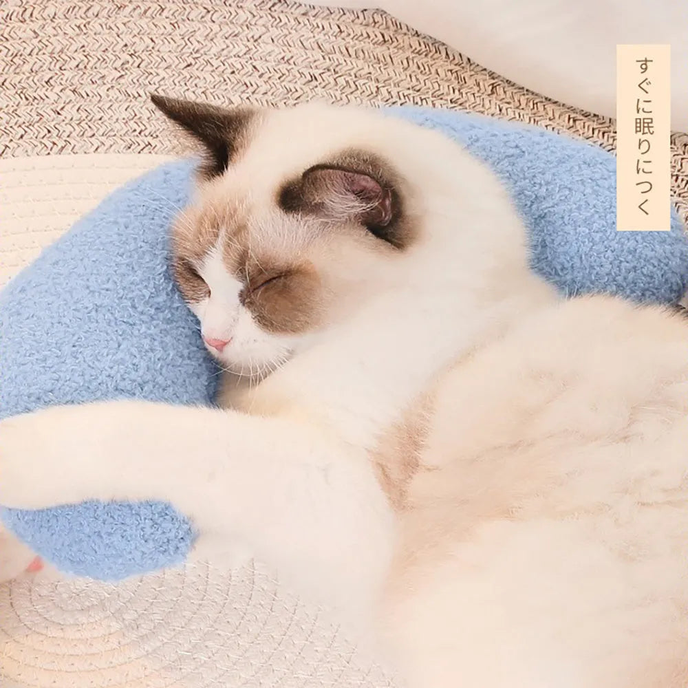 Blue U-shaped cat pillow with adjustable fabric collar for feline sleeping comfort