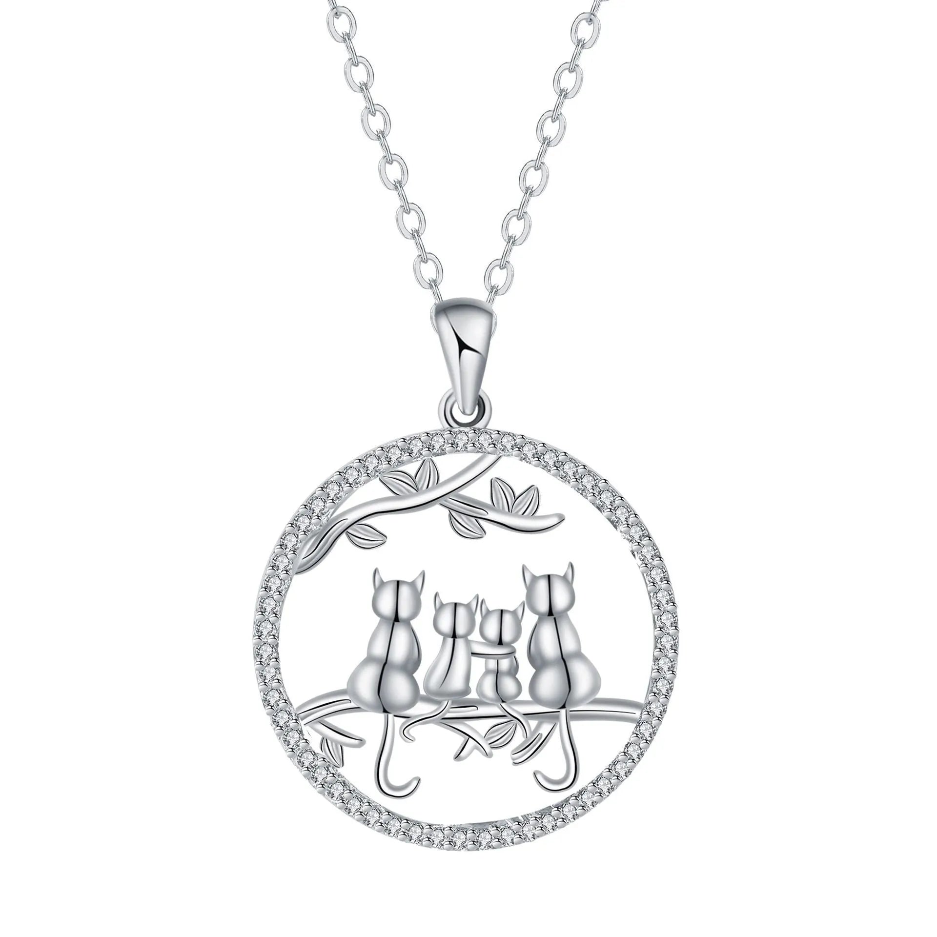 Copper necklace with four kitten pendants on a cross chain, electroplated finish.