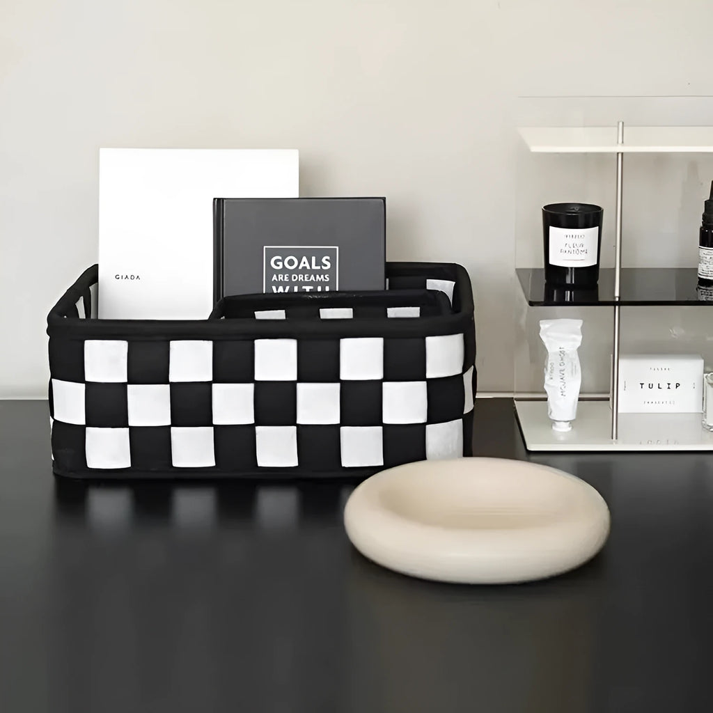Checkerboard patterned felt storage basket with dimensions 37cm by 29cm by 19.5cm