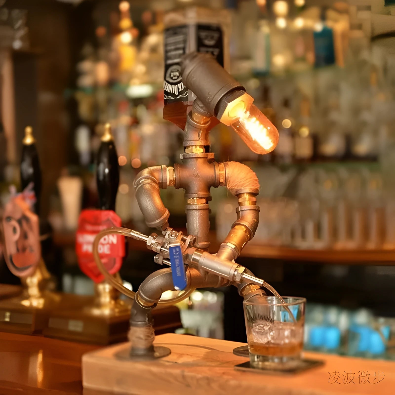 Industrial vintage table lamp constructed from iron water piping in a retro colour