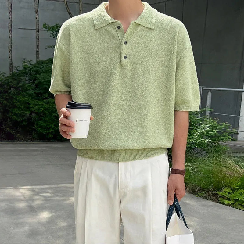 Men's caramel coloured retro knitted polo shirt with asymmetrical design and short sleeves
