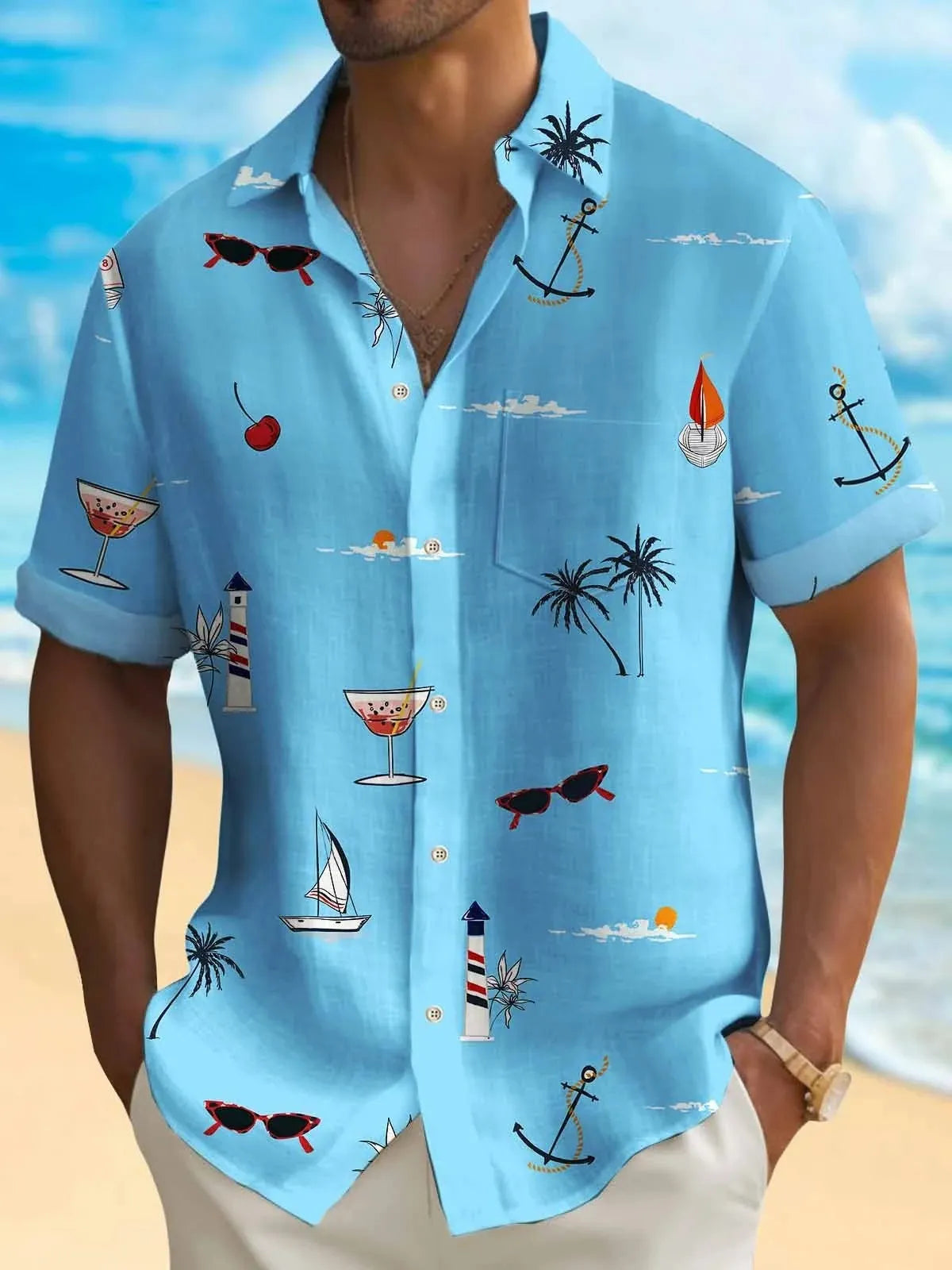 Men's loose fit short sleeve Hawaiian shirt with a colourful digital print pattern on polyester fabric.