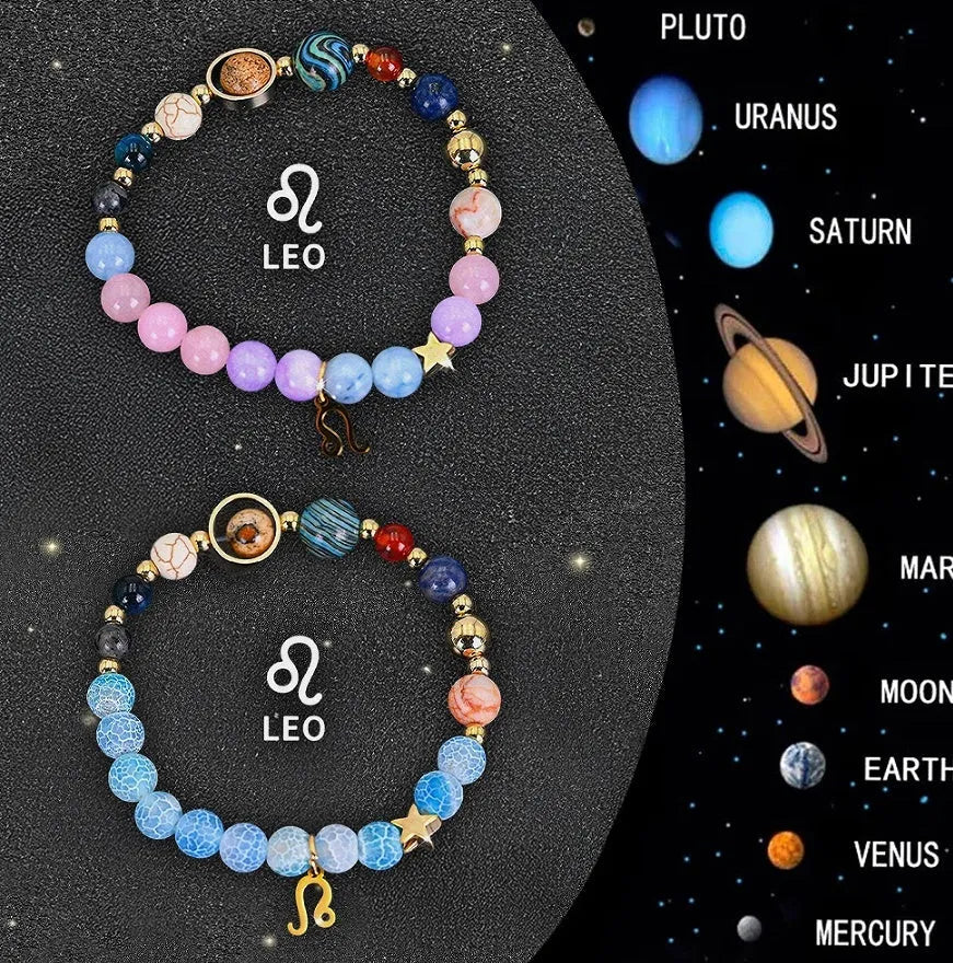 Set of two natural stone beaded bracelets with zodiac charms on a textured background.