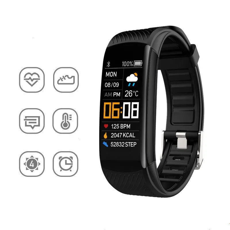 TPU sports pedometer bracelet on wrist showing 0.96-inch touch screen, available in multiple colours.