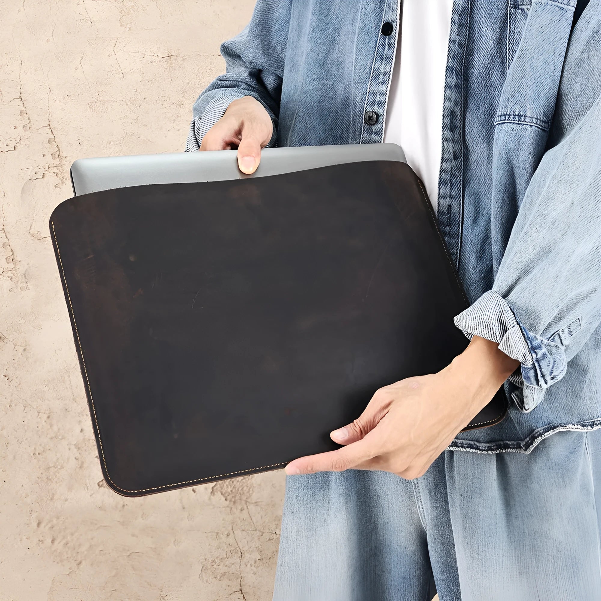 Genuine crazy horse leather computer organiser liner bag for men in brown, showing medium and large size options.