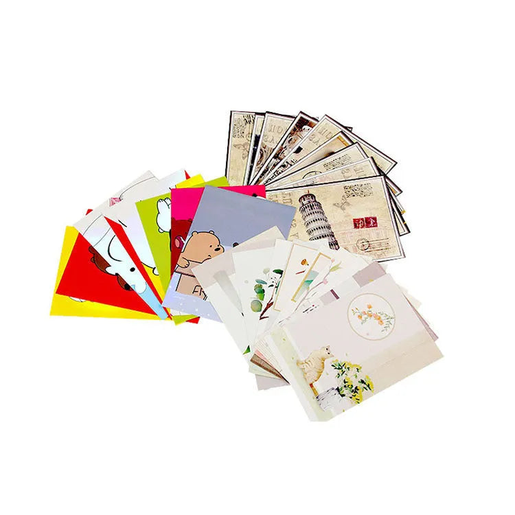 Set of nine retro-style minimalist cartoon postcards depicting the Eiffel Tower and Paris landmarks.