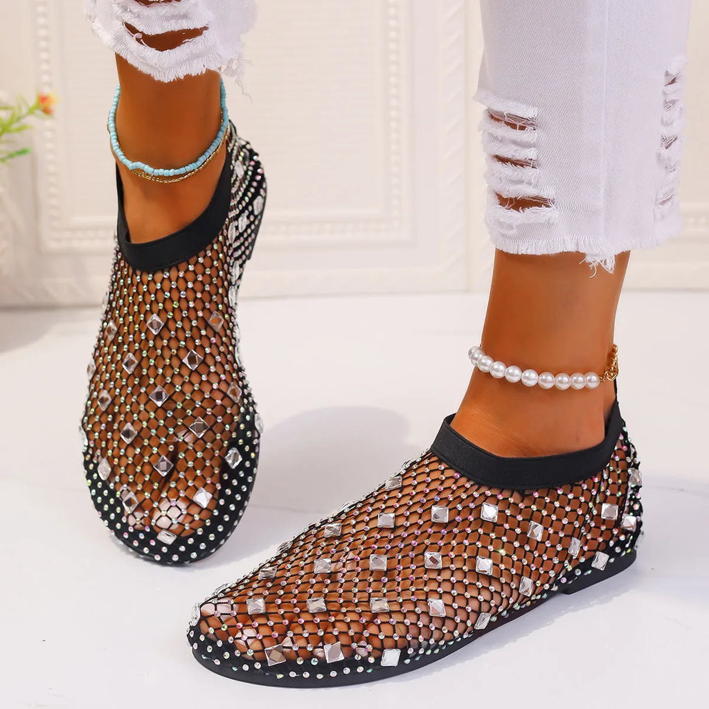 Women's colourful rhinestone decorated mesh flat sandals with round toe and rubber soles
