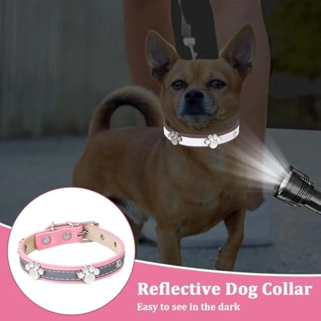 Reflective adjustable dog collar with paw-shaped rivets on PU leather in multiple sizes