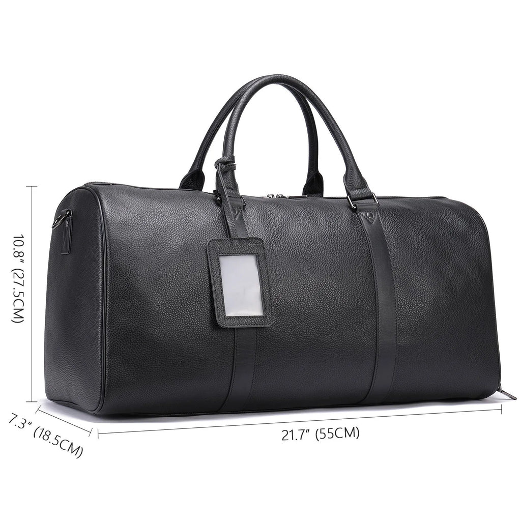 Men's black leather tote bag with single strap showing 44cm and 55cm size options