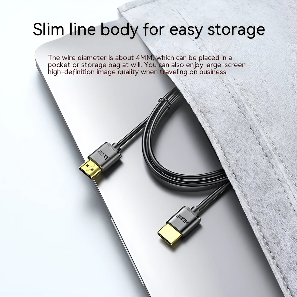 Thin flexible HDMI cable with gold-plated connectors in HDMI Hairline Rule colour, shown at various lengths.