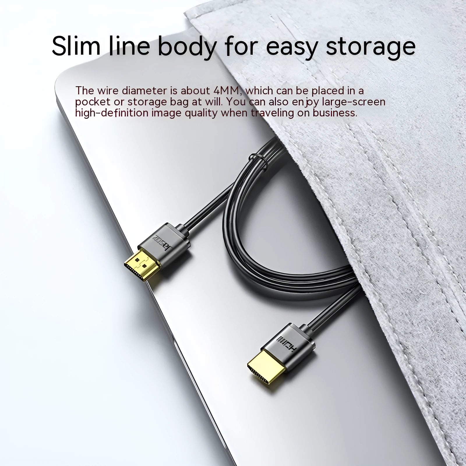 Thin flexible HDMI cable with gold-plated connectors in HDMI Hairline Rule colour, shown at various lengths.