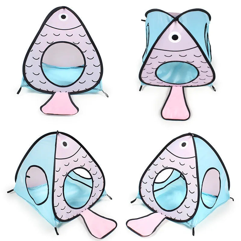 Foldable pet tent and tunnel three-piece play set with cat and fish printed pattern