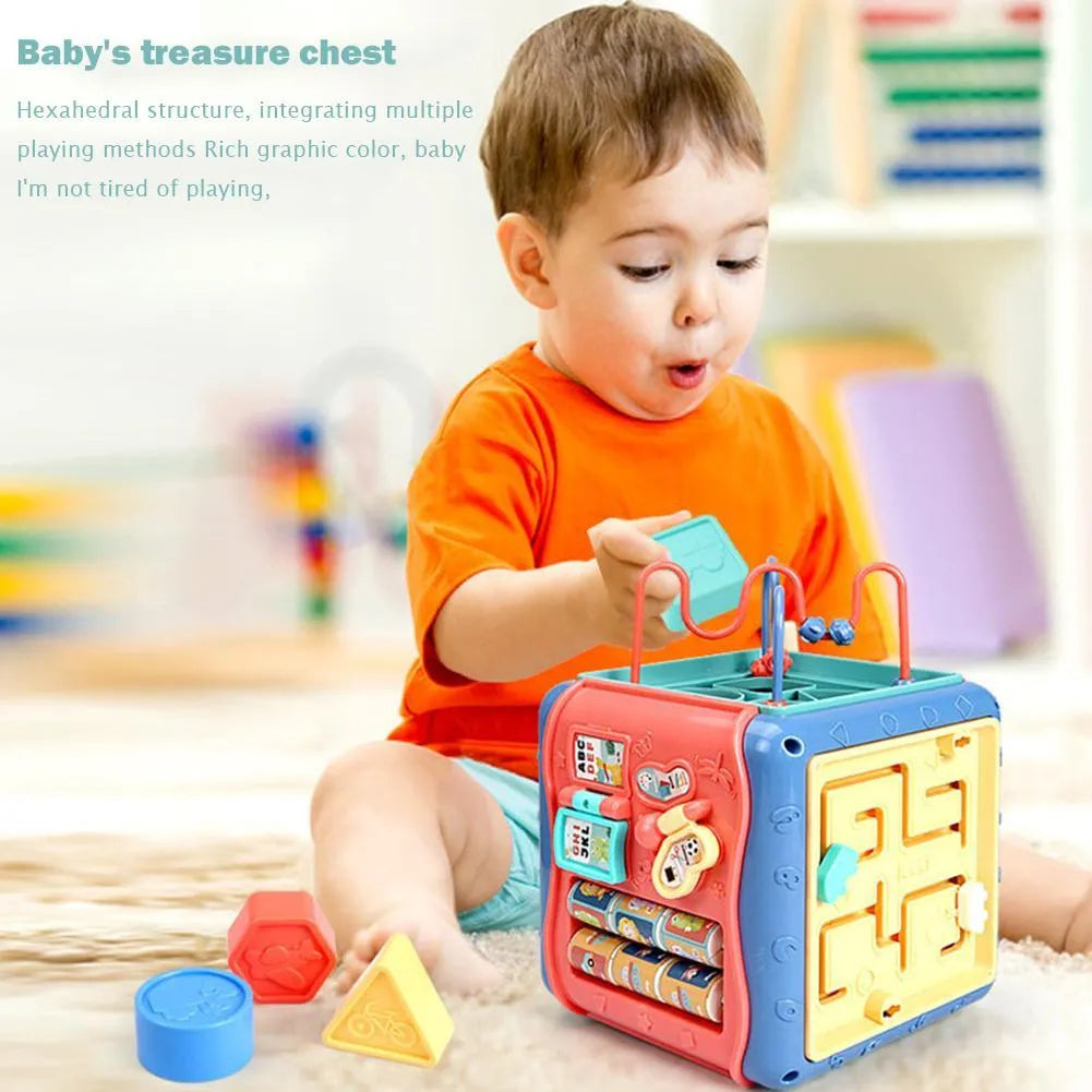 Colourful hexahedron educational toy with six different Montessori activity faces including bead maze and clock