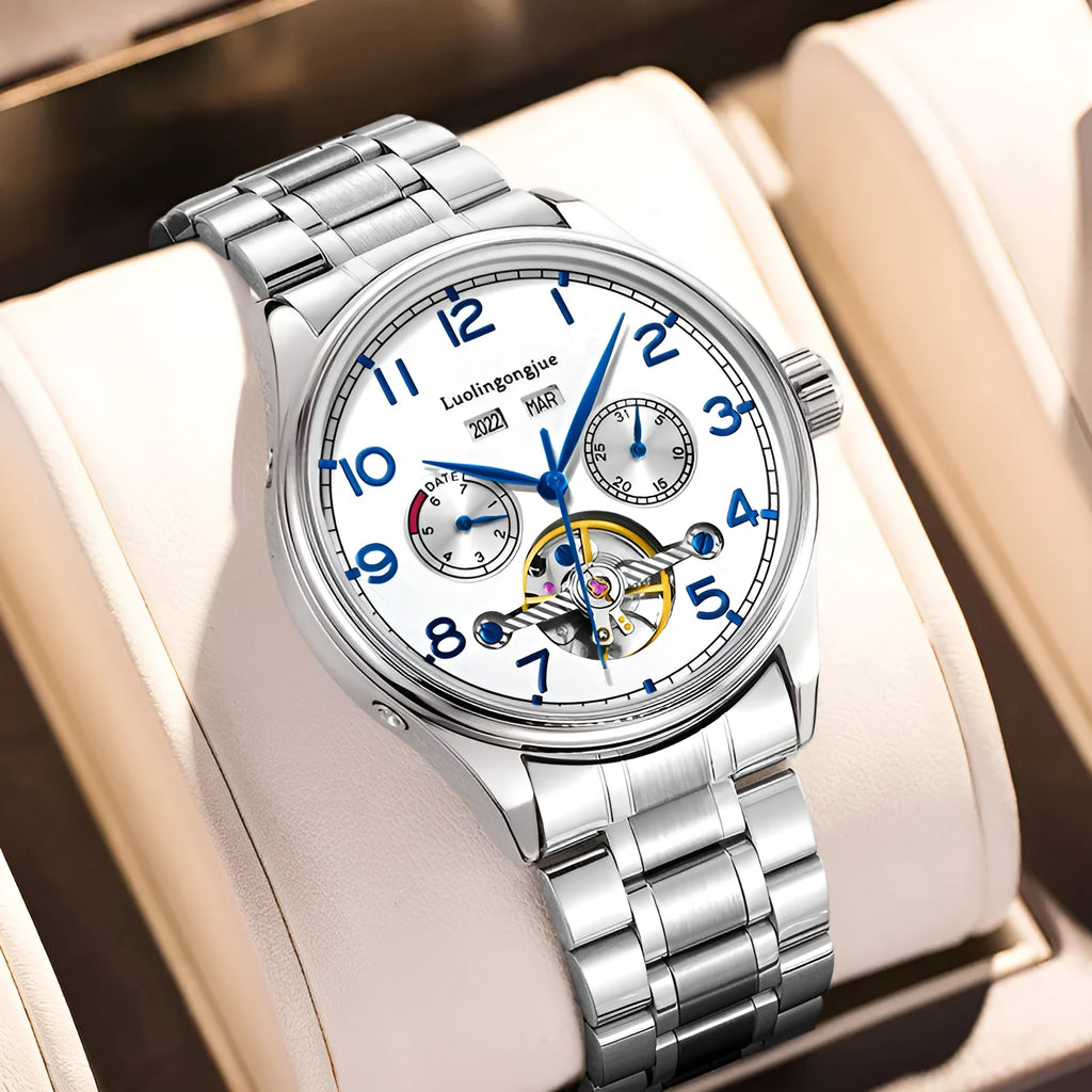 Men's stainless steel mechanical watch with sapphire crystal glass and genuine leather strap
