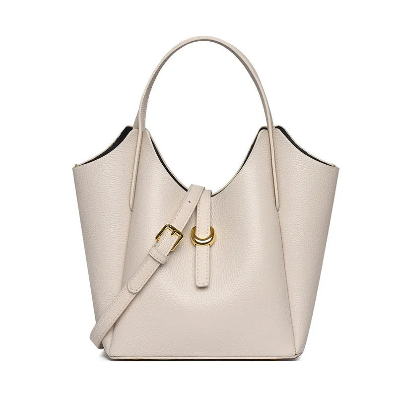 Genuine leather women's large capacity bucket bag in retro style with hand-held design