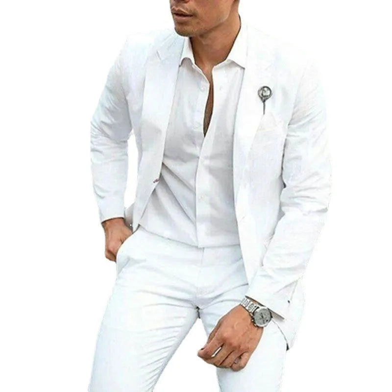White men's two-piece slim fit wedding suit with jacket and trousers on hanger