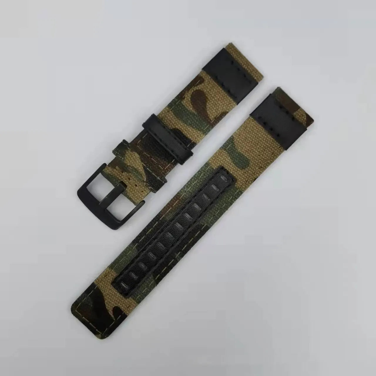 Oxford cloth watch strap shown in multiple colours including camouflage, black, and army green, with size labels for 20mm, 22mm, and 24mm widths.