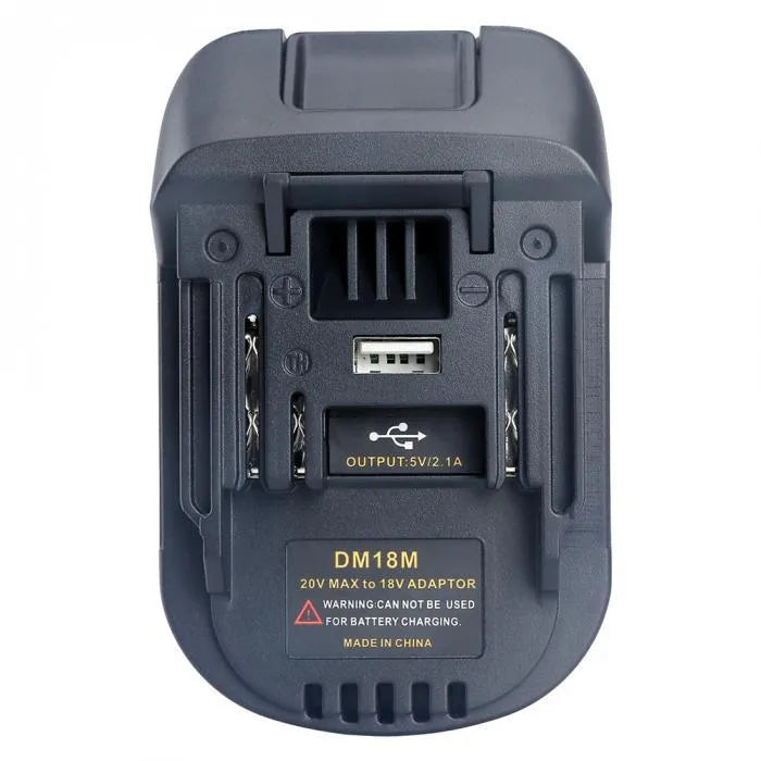 Black Milwaukee DM18M to MAKITA H99F battery power tool adapter, showing connector ends.