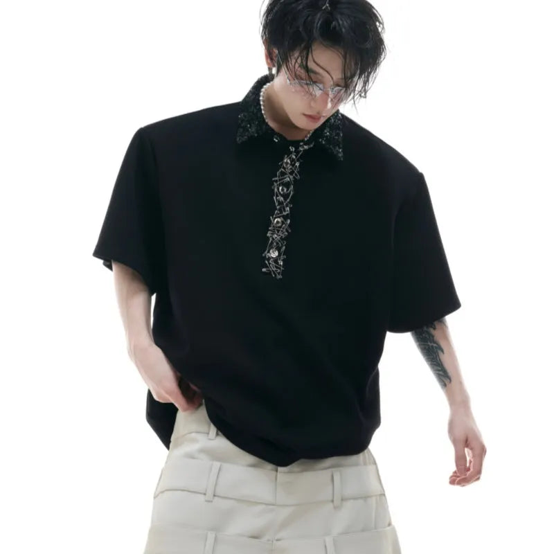 Men's black loose fit polo shirt with square collar and heavy embroidery sequin pattern on chest