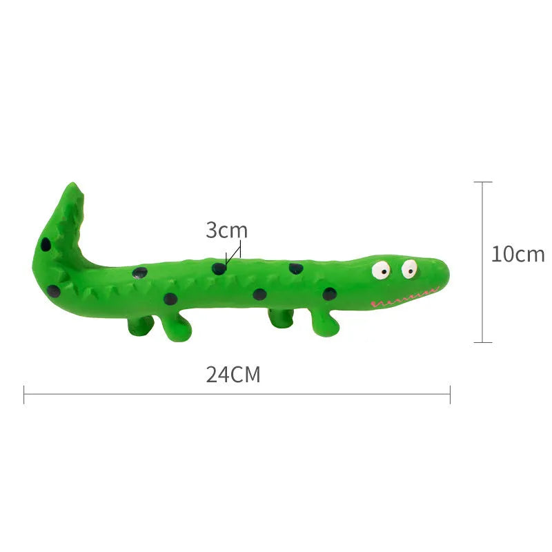 Green cartoon lizard shaped latex dog chew toy with squeaker for aggressive chewers