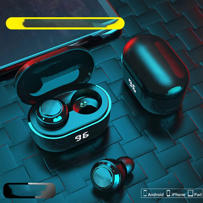 Black stereo Bluetooth earbuds with wireless charging case