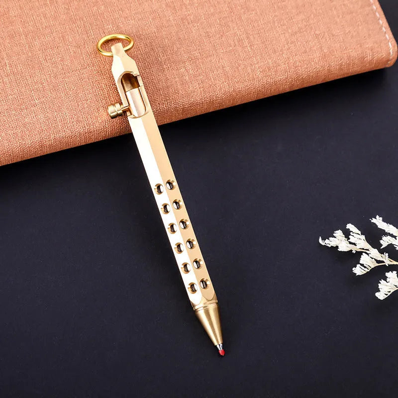 Brass hexagonal bolt rollerball pen with six-sided barrel and 0.5mm writing tip