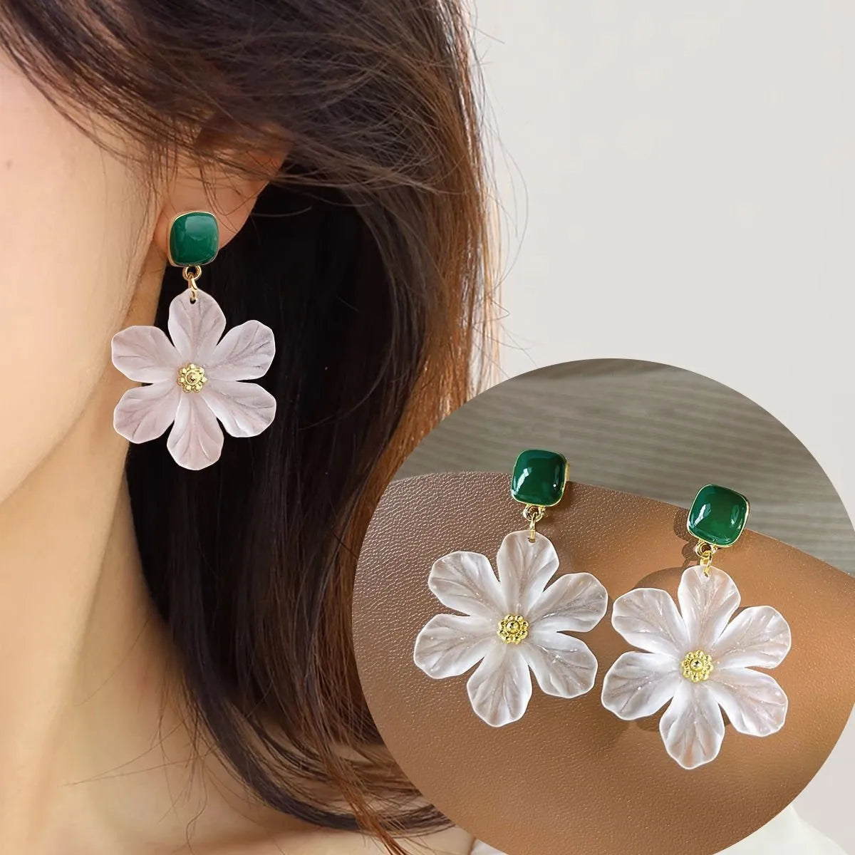 Dark green alloy earrings with needle flowers sweet design for women