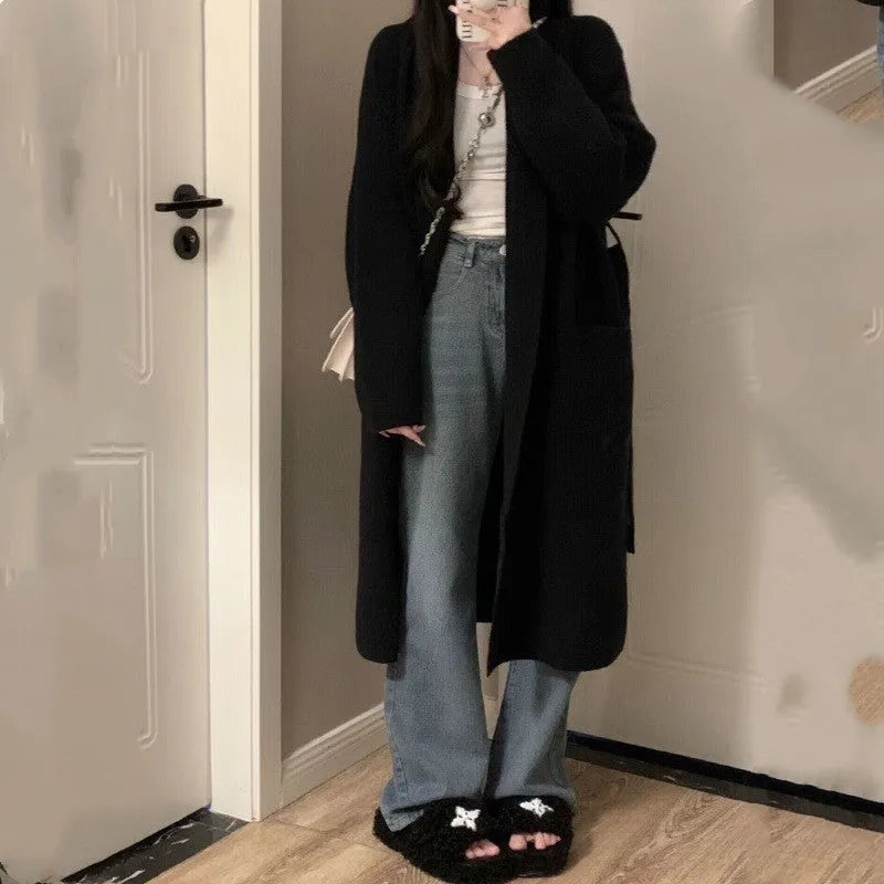 Women's loose thick chenille cardigan sweater with 3D knit pattern in dark grey