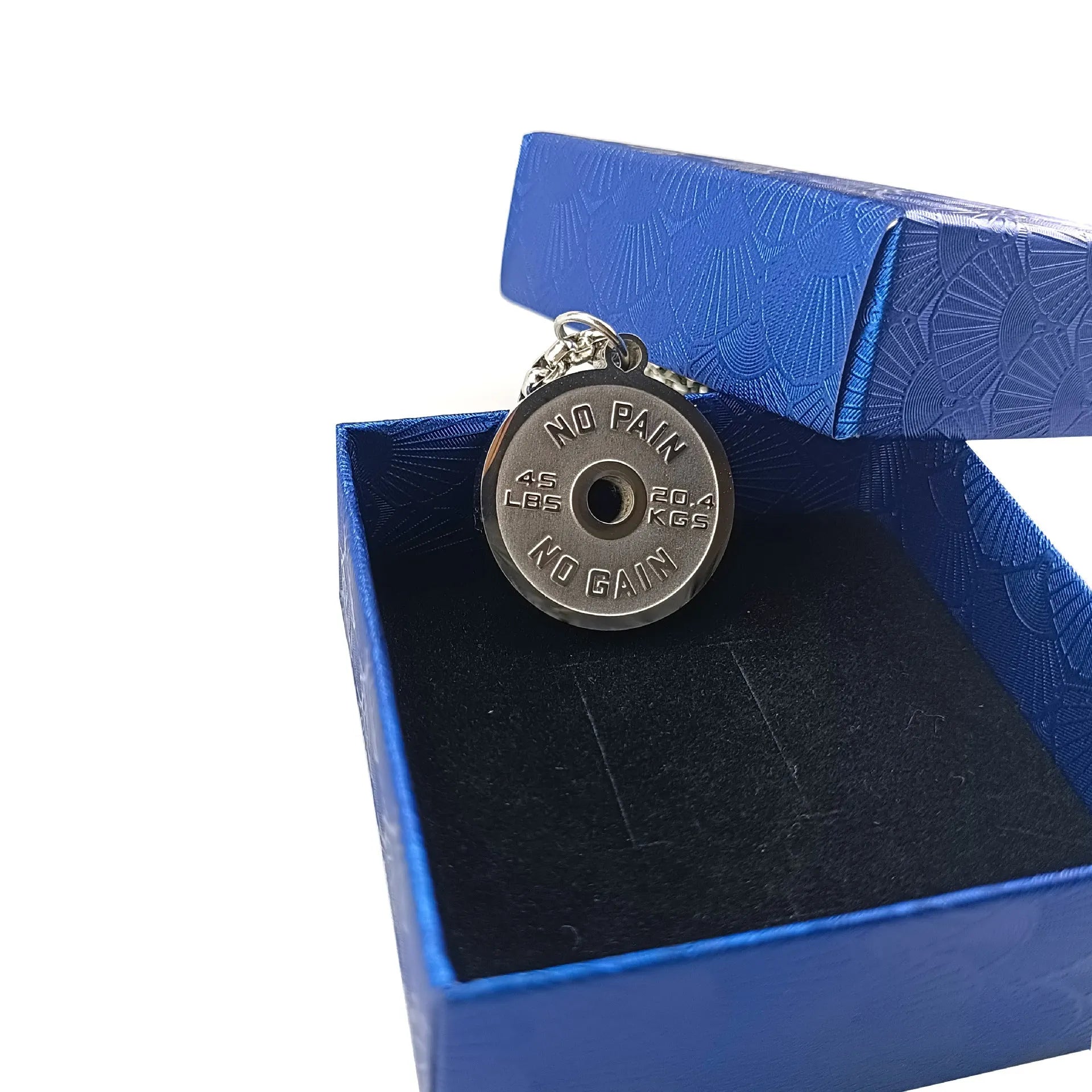 Polished stainless steel barbell disk necklace with geometric pendant on 60cm chain