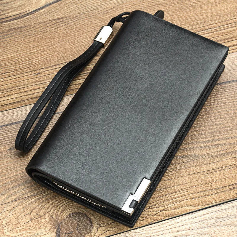 Men's black PU leather wallet with full-length zipper closure showing open compartment