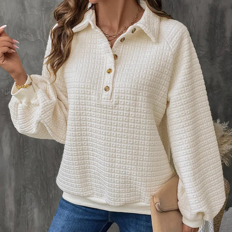 Women's beige thickened polyester sweater with a polo collar and long sleeves.