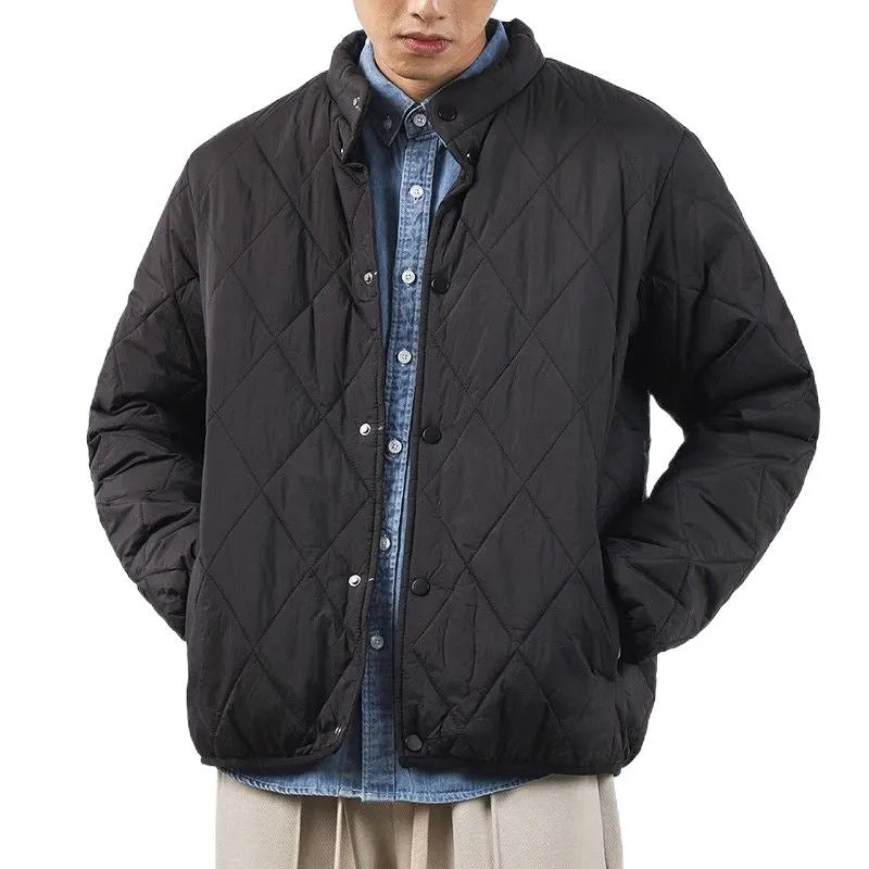 Men's black diamond lattice pattern winter jacket with lengthened design and loose fit