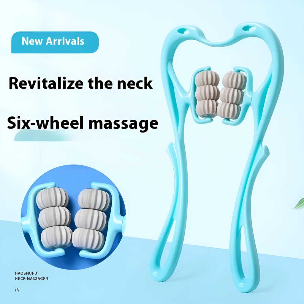 Blue plastic six-wheel neck and shoulder massager showing rotating mechanism
