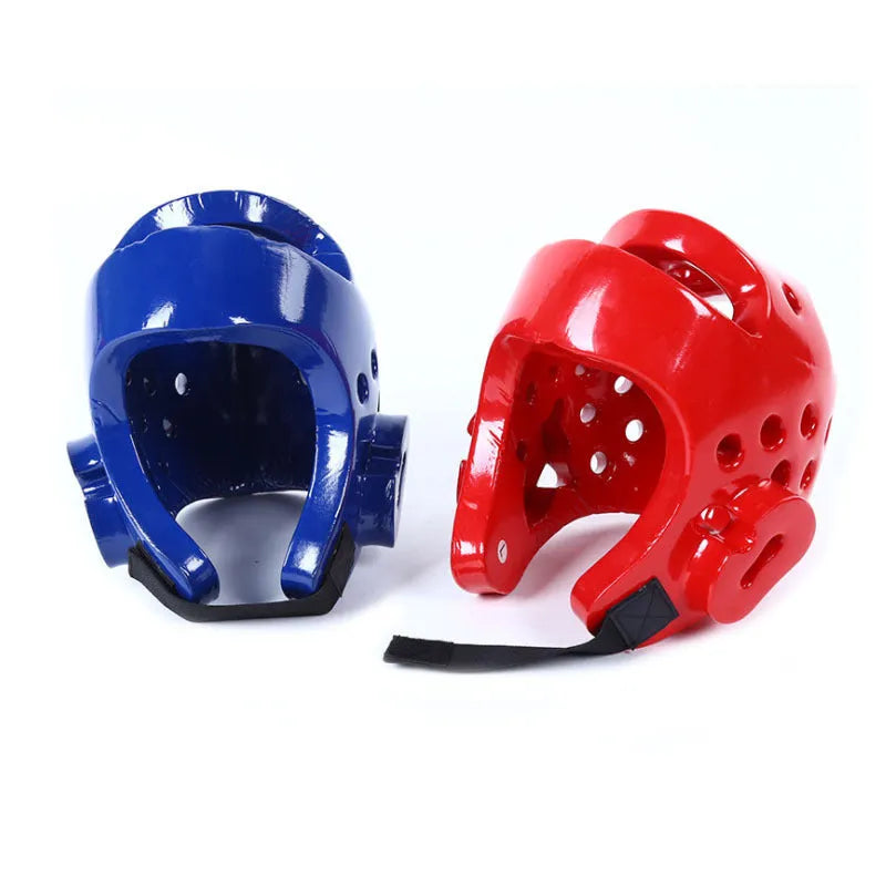 Karate taekwondo protective gear set with leg guard, helmet, boxing gloves in red or blue