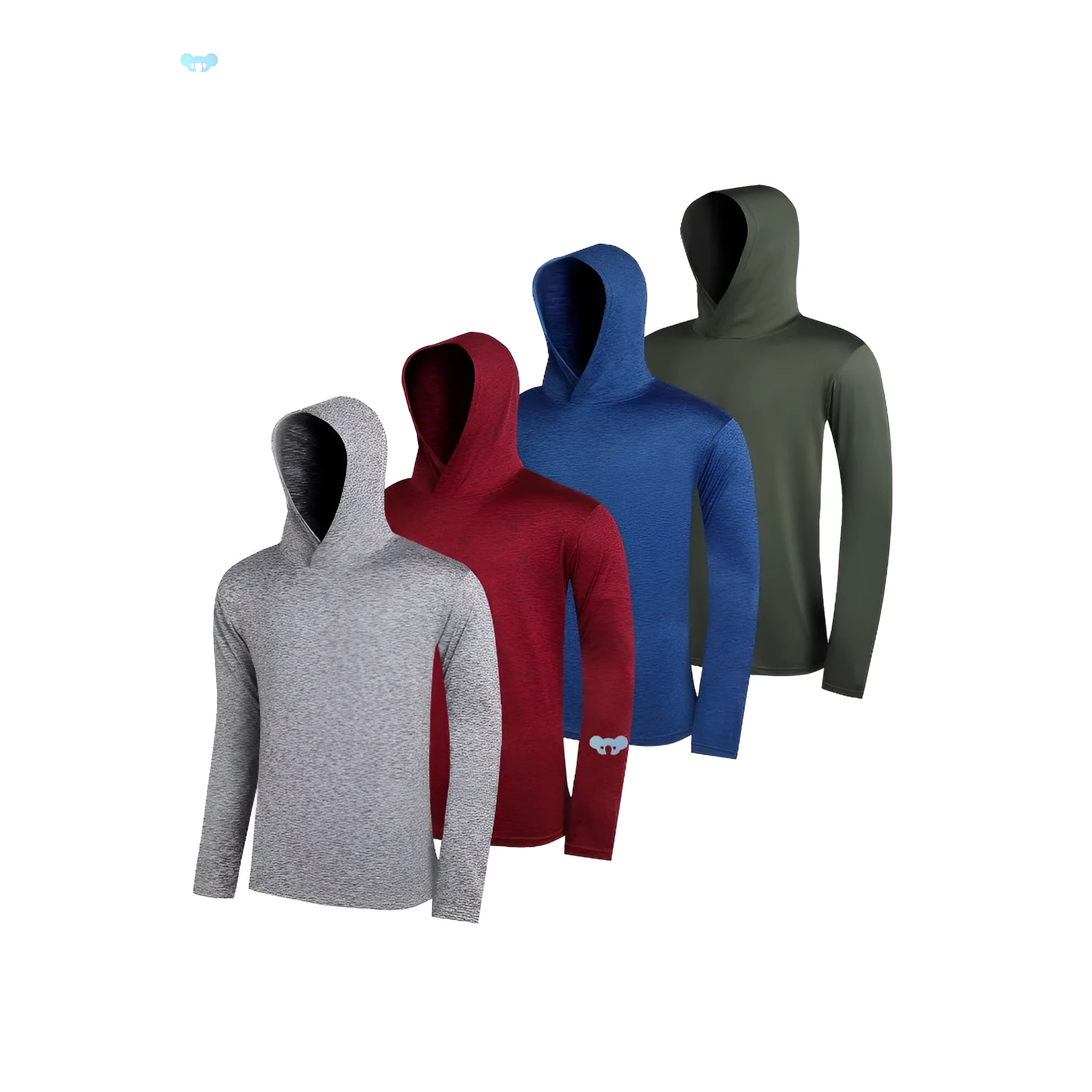 Pack of four men's lightweight hoodies in elastic polyester fibre, shown in various colours.