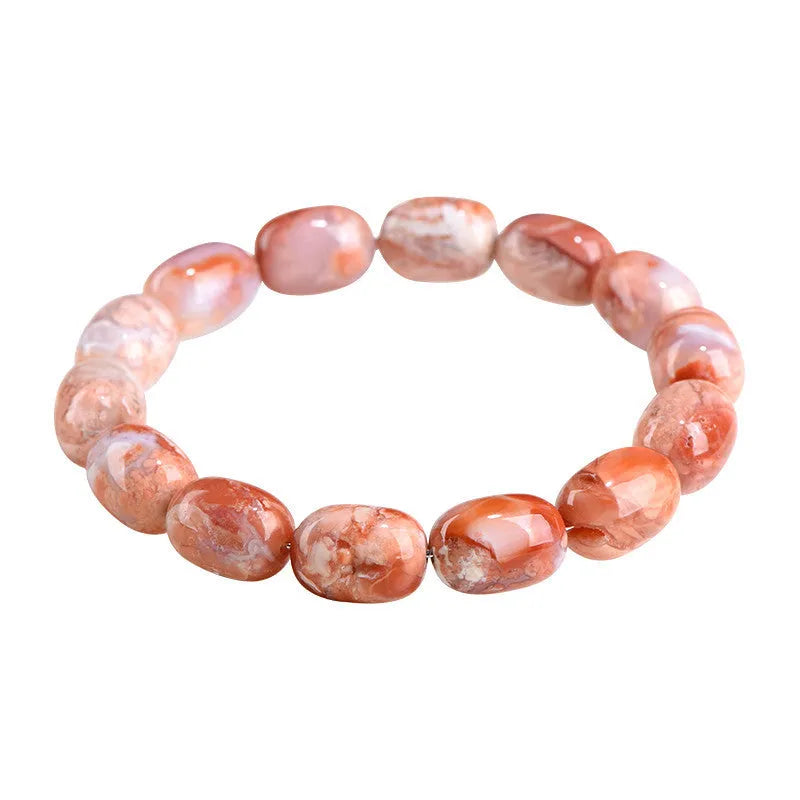 Natural cherry agate barrel bead bracelet with geometric 10x14mm beads and Ruyi charm
