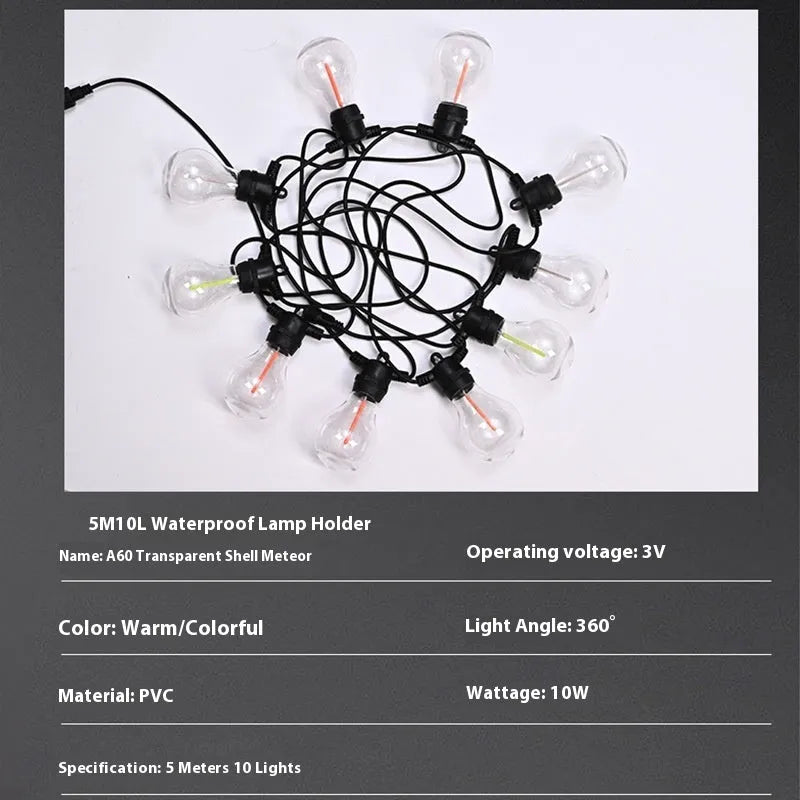 Waterproof outdoor string lights with transparent meteor-style bulbs for wedding decoration