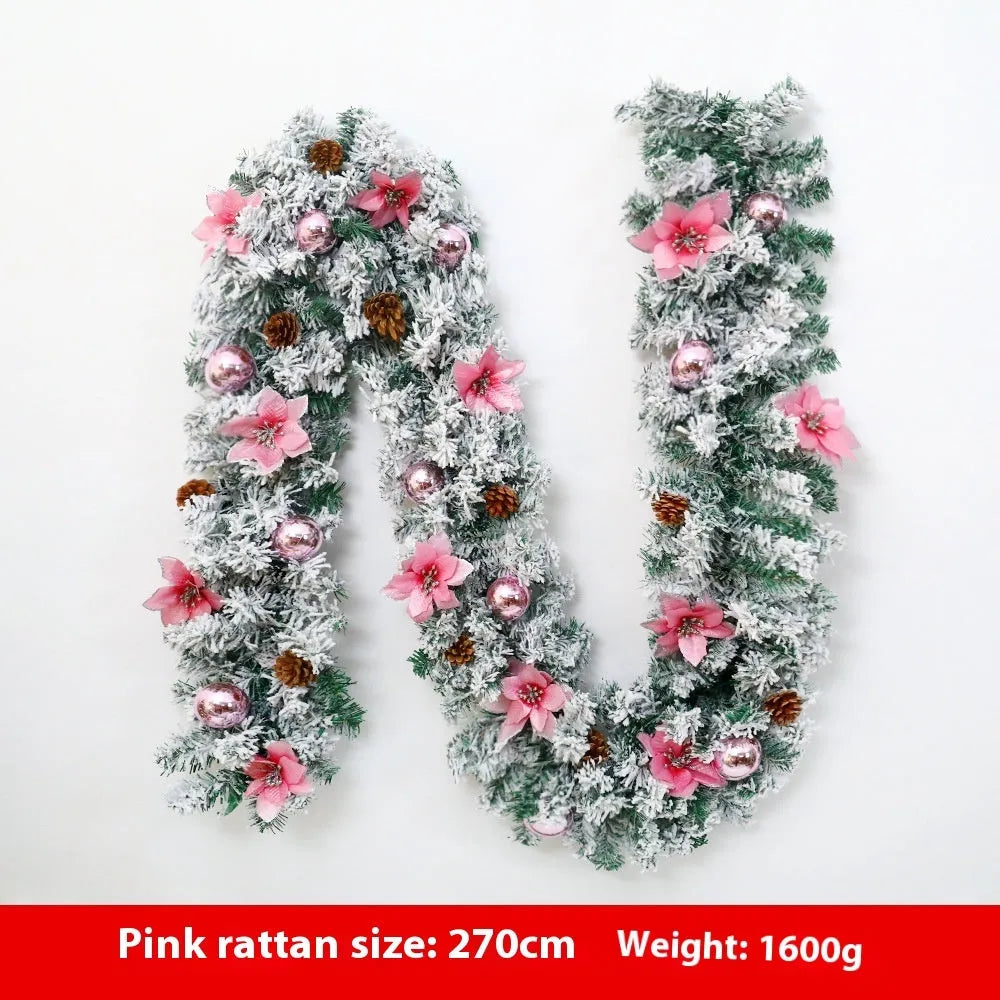 240cm artificial rattan Christmas garland with flocking decoration in golden colour