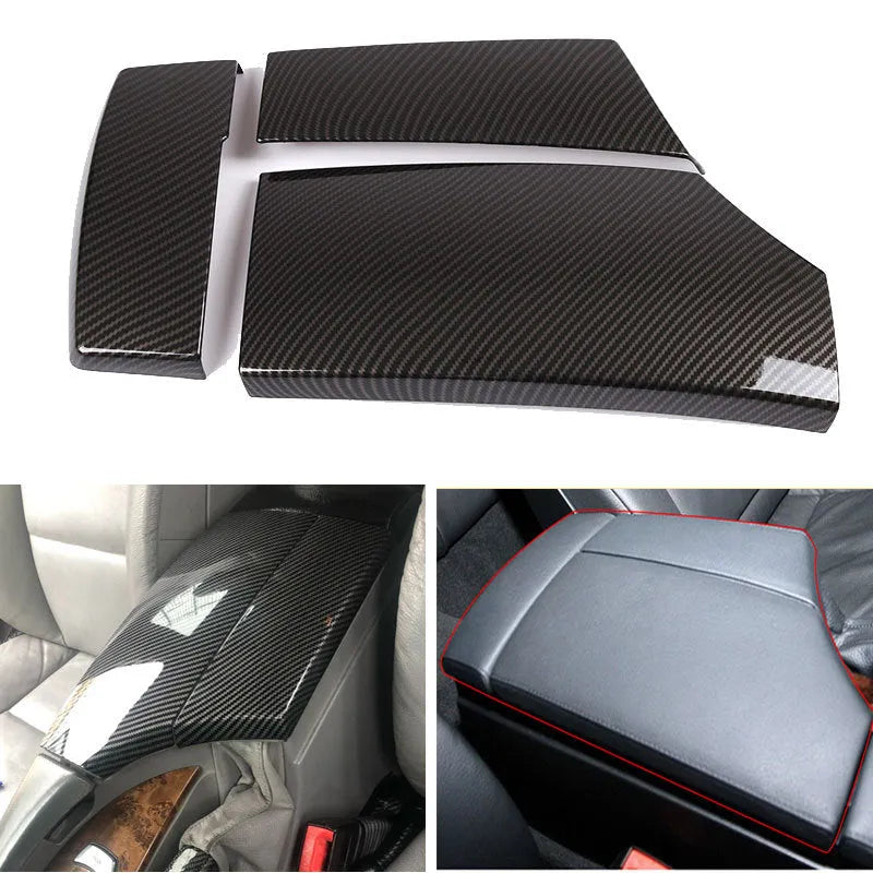 Three ABS armrest box protective covers with carbon fibre pattern and polished surface
