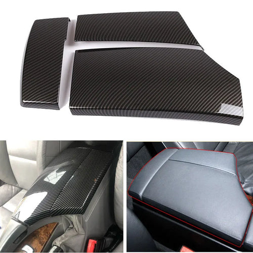 Three ABS armrest box protective covers with carbon fibre pattern and polished surface