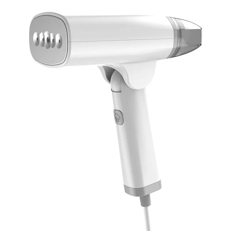 Blue and white handheld garment steamer with hanging function and 1300W power rating