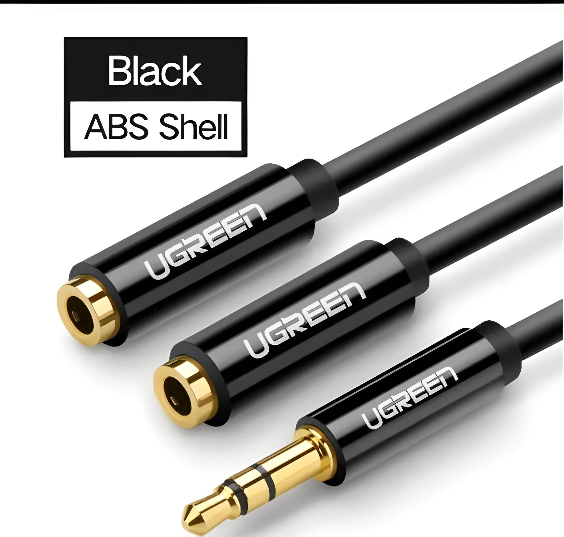 Short 0.2 metre black 3.5mm audio cable with gold-plated connectors next to grey and white colour options.