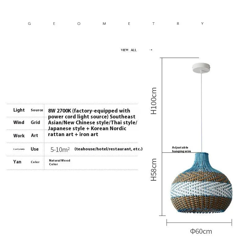 Vine woven rattan pendant lamp with natural textured shade in Southeast Asian tea room style